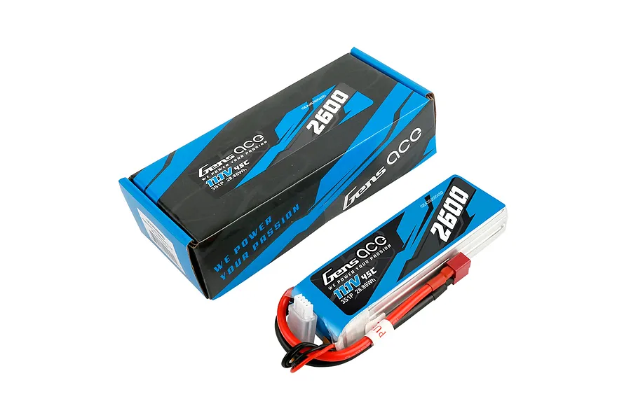 Gens Ace 11.1V 2600mAh 45C LiPo battery in a soft case shown next to its branded cardboard packaging box.