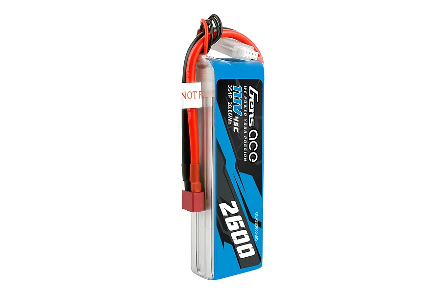 Gens Ace 11.1V 2600mAh 45C soft case LiPo battery with Deans connector and balance lead against a white background.