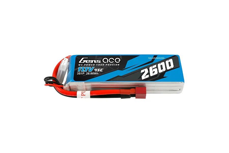 Gens Ace 11.1V 2600mAh 45C LiPo battery with soft case, featuring blue and black branding, red and black wires, and a Deans connector.