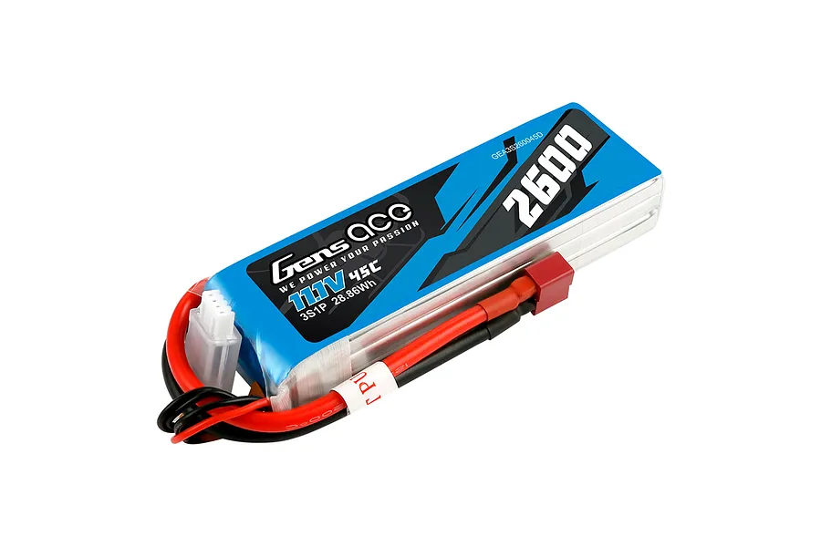 Gens Ace 11.1V 2600mAh 45C LiPo battery in a blue soft case with red and black wires and a Deans connector.