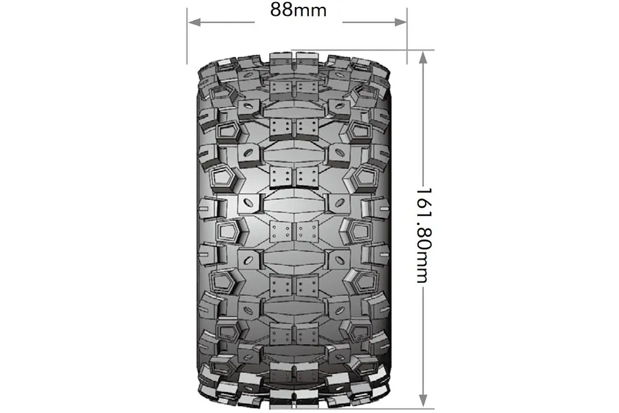A technical diagram showing the dimensions of an RC stadium truck tyre, with a width of 88mm and a diameter of 161.80mm.