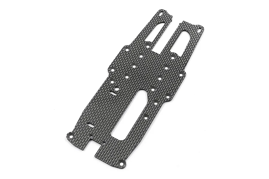 A flat, carbon fibre upper deck chassis plate for an RC car, featuring a woven pattern and multiple pre-drilled mounting holes.