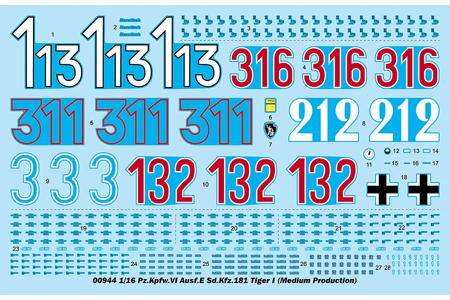 A decal sheet for a 1/16 scale Trumpeter Tiger I model kit, featuring various tank numbers, German crosses, and small stenciling markings.