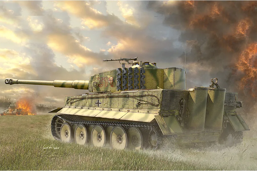 Box art illustration of a German Tiger I tank in a field with a dramatic sunset and smoke in the background.