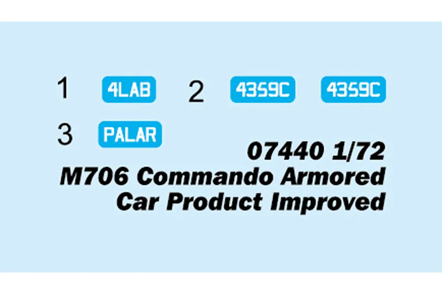 A digital decal sheet preview for the Trumpeter 1/72 M706 Commando Armored Car model kit, showing numbered decal options on a light blue background.