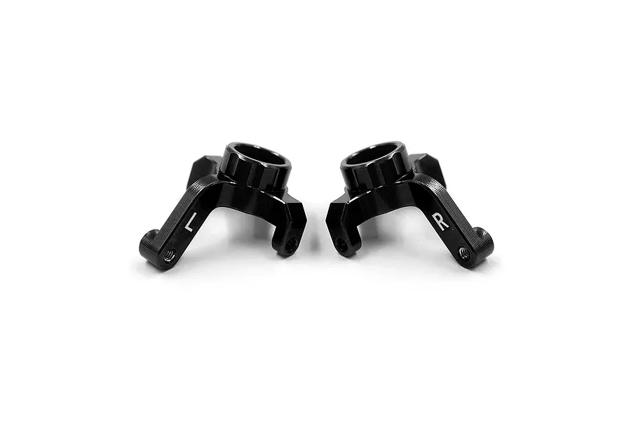 A pair of black anodized aluminium RC steering hubs marked with L and R, isolated on a white background.