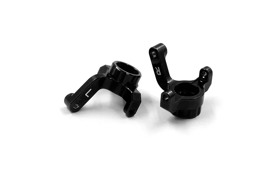 Two black aluminium RC steering hubs marked with L and R for left and right orientation, isolated on a white background.