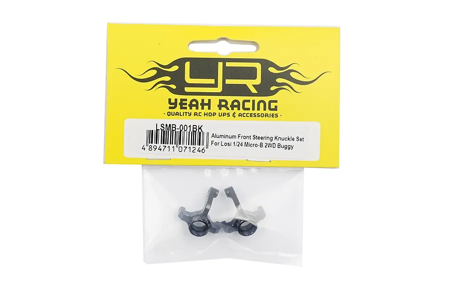 Yeah Racing black aluminium front steering knuckles for Losi 1/24 Micro-B in branded yellow packaging.