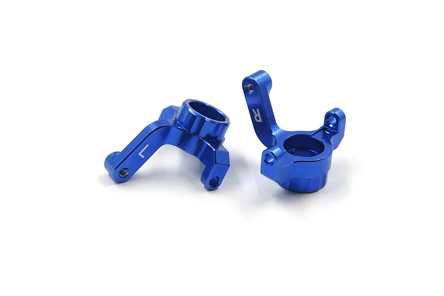 Two dark blue anodized aluminium RC steering hubs, one marked with an L and one with an R, isolated on a white background.