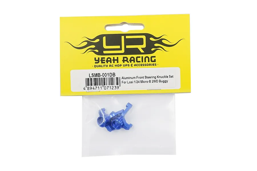 Yeah Racing aluminium front steering knuckles for Losi 1/24 Micro-B in dark blue, packaged in a yellow branded header card.