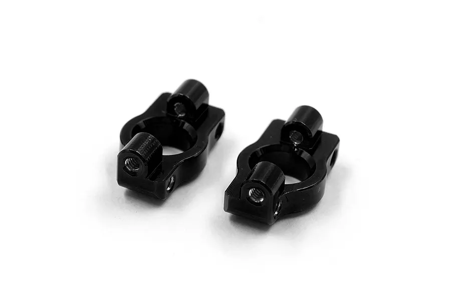 Two black aluminium front hub carriers (C-hubs) for RC cars, shown from an angled perspective on a white background.