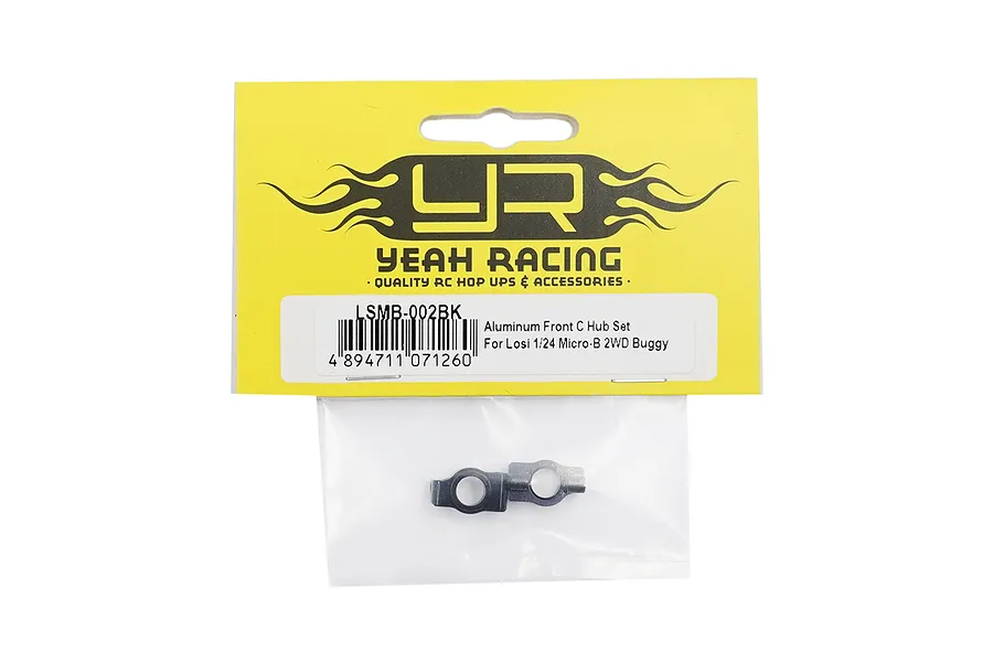 Yeah Racing black aluminium front C-hub set for Losi 1/24 Micro-B 2WD buggy in retail packaging.