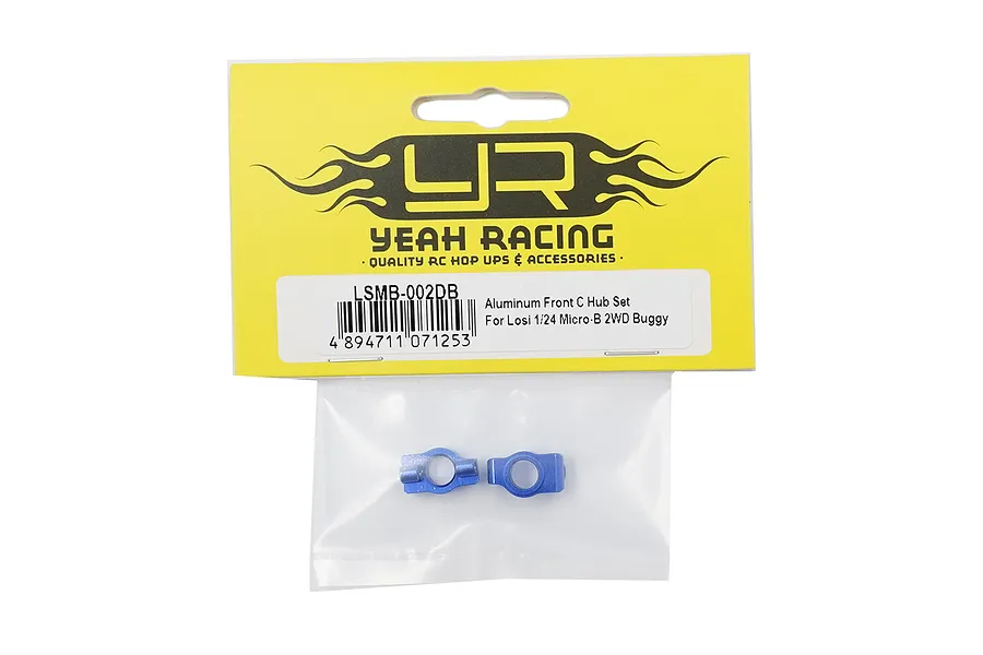 Yeah Racing aluminium front C-hub carriers for Losi 1/24 Micro-B in dark blue, inside original retail packaging.