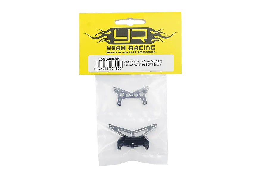 Yeah Racing aluminium front and rear shock tower set for Losi 1/24 Micro-B 2WD buggy in original yellow and white retail packaging.