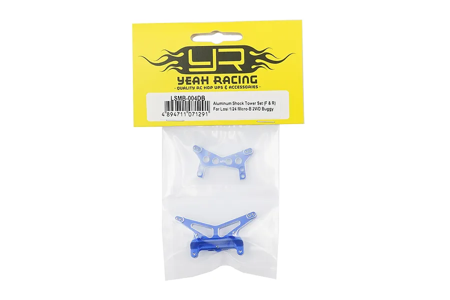 Yeah Racing aluminium front and rear shock towers for Losi 1/24 Micro-B 2WD buggy in dark blue, packaged in a sealed plastic bag with a yellow header card.