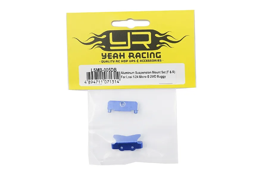 Yeah Racing aluminium front and rear suspension mounts for Losi 1/24 Micro-B 2WD Buggy in dark blue, packaged in a clear bag with a yellow header card.