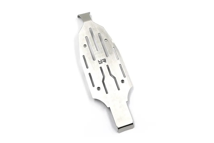 A silver stainless steel chassis skid plate for an RC car by Yeah Racing, featuring a YR logo cutout and multiple mounting slots.