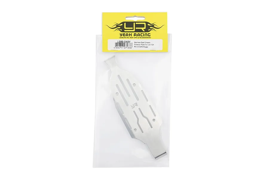Yeah Racing stainless steel chassis skid plate for Losi 1/24 Micro-B 2WD buggy in original retail packaging.