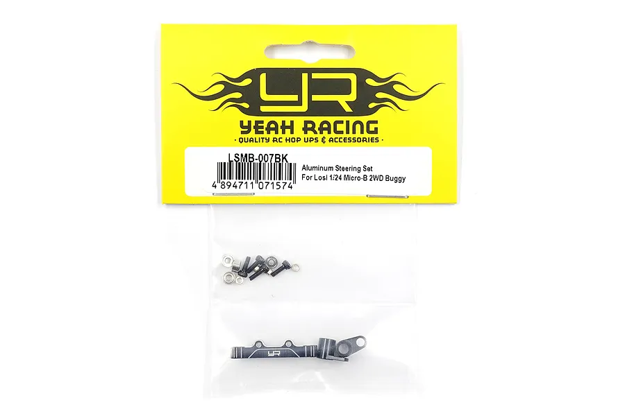 Yeah Racing LSMB-007BK aluminum steering set for Losi 1/24 Micro-B 2WD buggy in original yellow and black packaging.