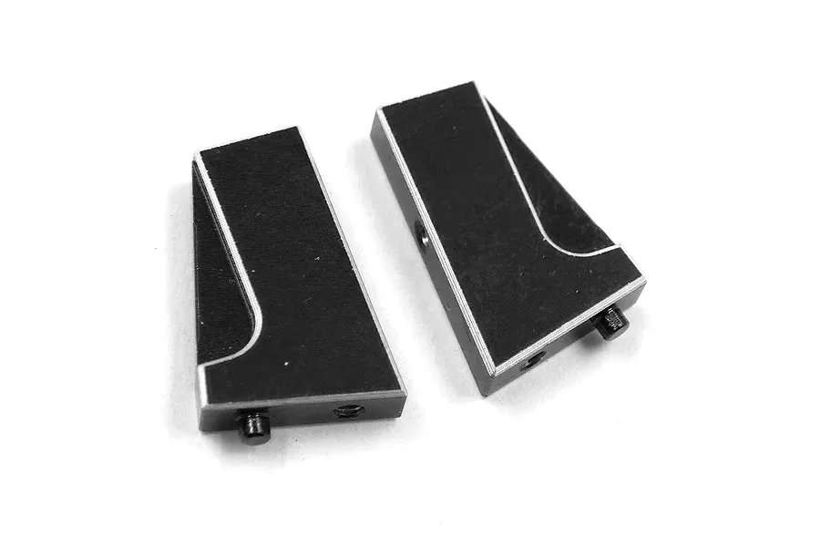 Two black anodized aluminium RC servo mounts with silver chamfered edges on a white background.