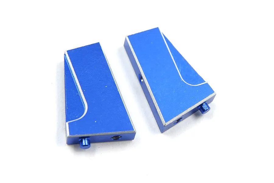 Two dark blue anodized aluminium servo mounts for RC cars, shown from an angled perspective against a white background.
