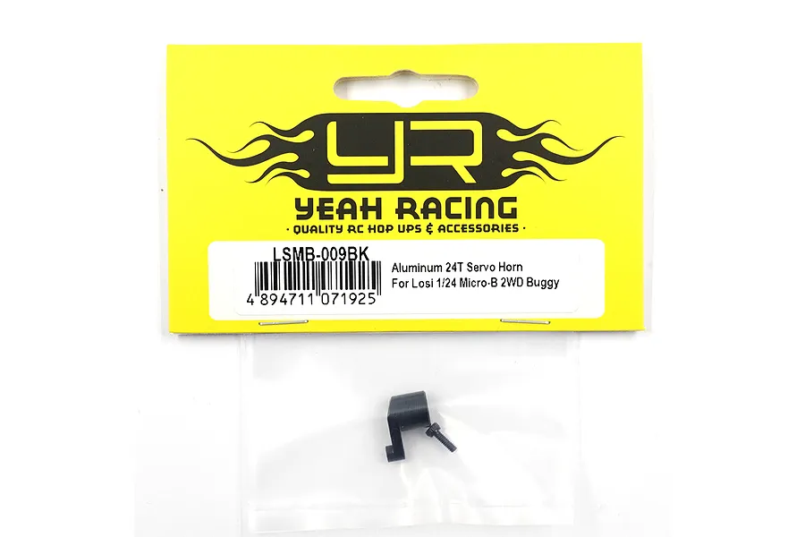A black Yeah Racing aluminium 24T servo horn for Losi 1/24 Micro-B in its original yellow and black retail packaging.