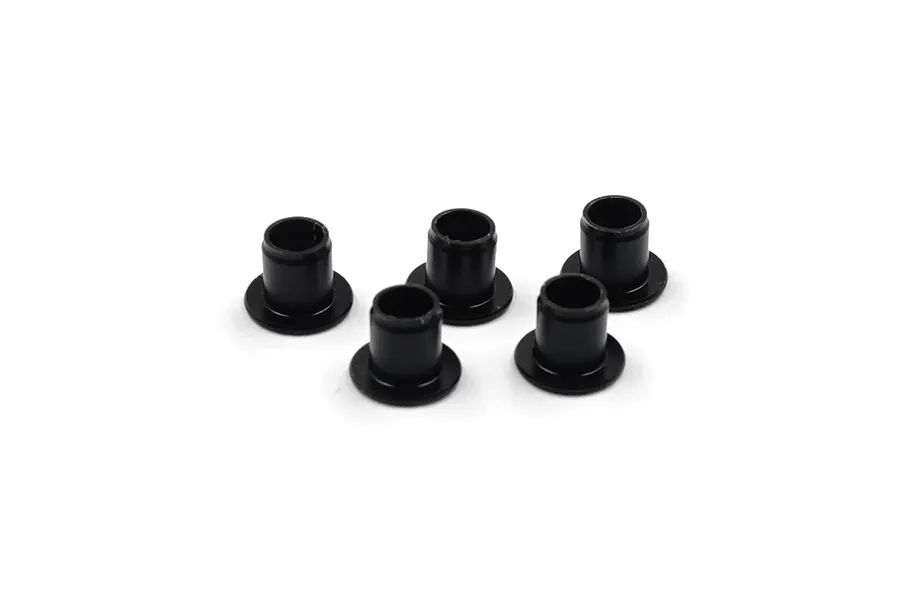 Five small black flanged Delrin suspension arm washers arranged on a white background.