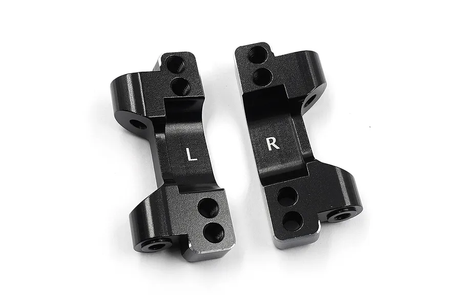 Two black aluminium RC suspension arm mounts marked with L and R, shown against a white background.