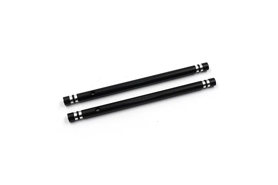 Two black aluminium RC chassis braces with silver accent rings on a white background.