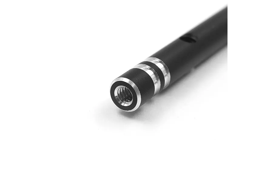 Close-up of a black anodized aluminium RC chassis brace with silver machined accents and a threaded end.