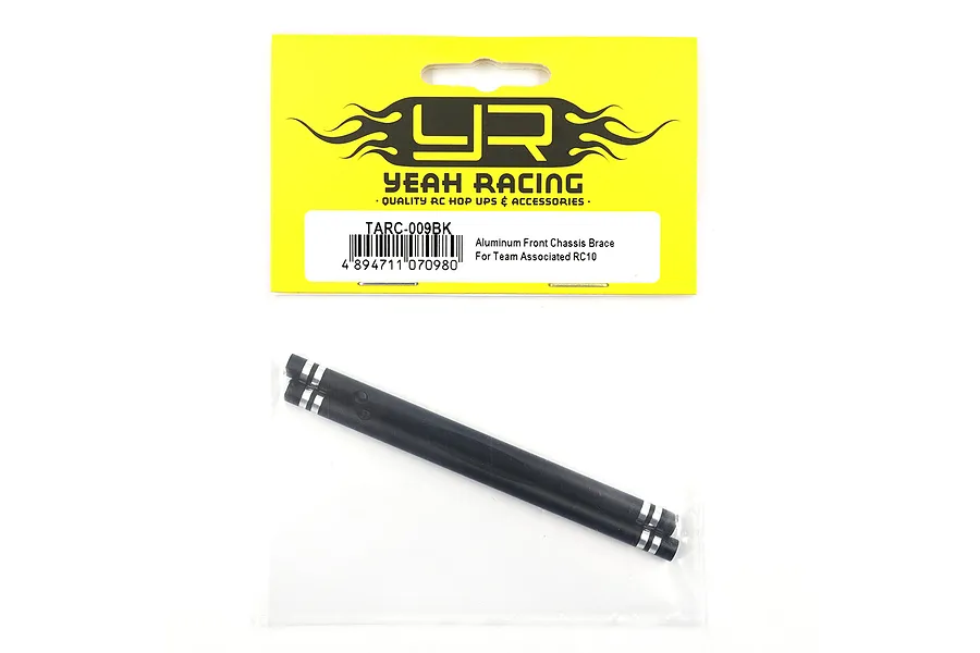 Yeah Racing Aluminium Front Chassis Brace for Team Associated RC10 in black packaging.