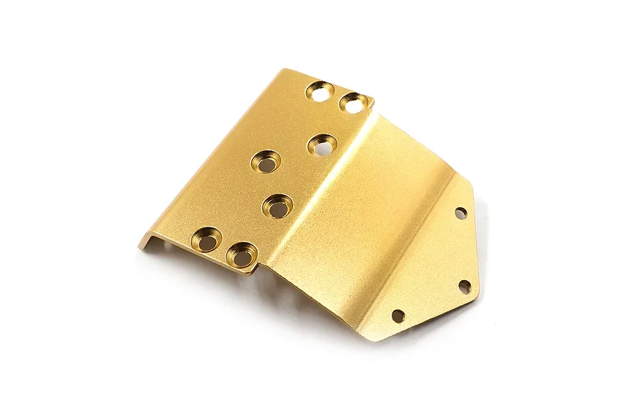 A gold-anodized aluminium front bumper skid plate for an RC car, featuring multiple countersunk mounting holes.