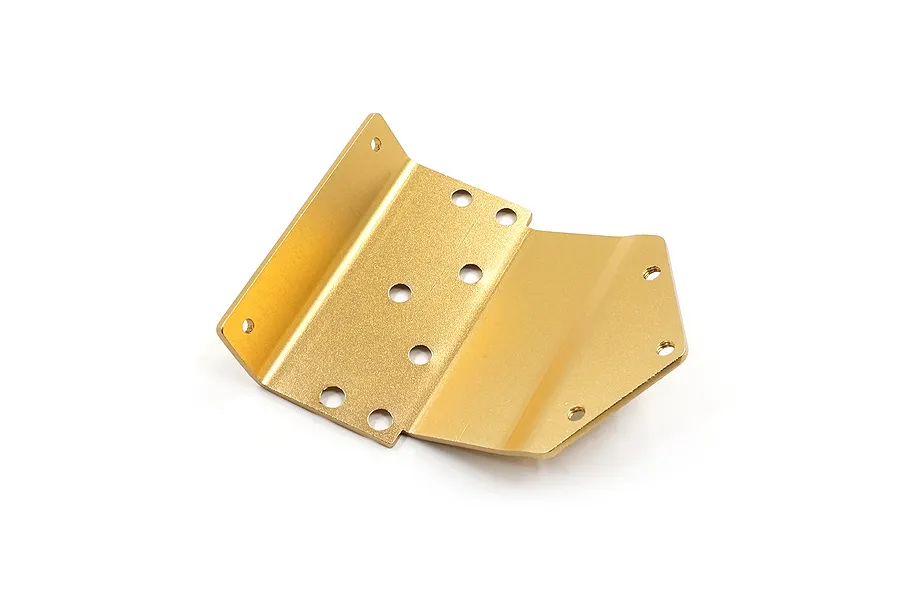 A gold-anodized aluminium front bumper skid plate for RC cars, featuring multiple mounting holes and a bent, angular design.