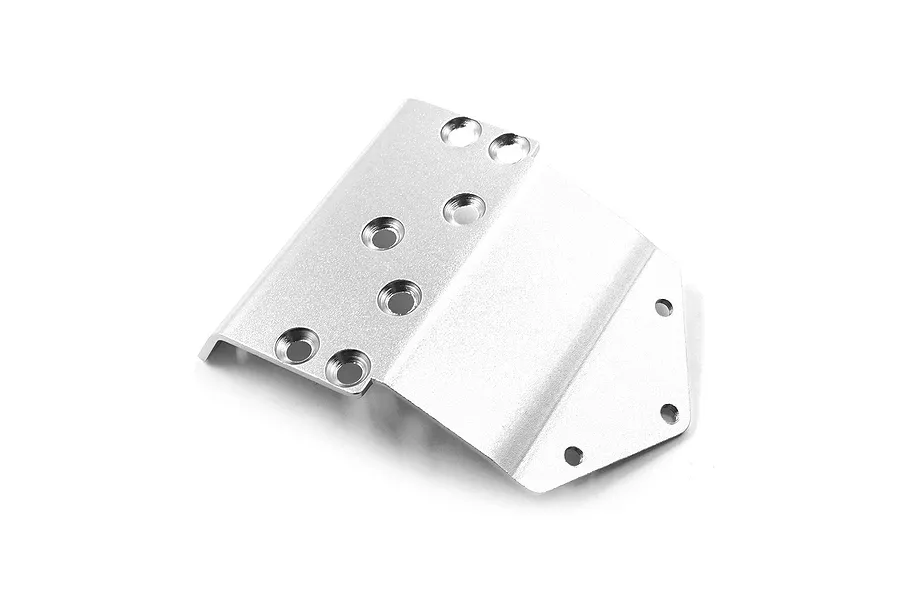 A silver-coloured aluminium front bumper skid plate for an RC car, featuring multiple countersunk mounting holes.