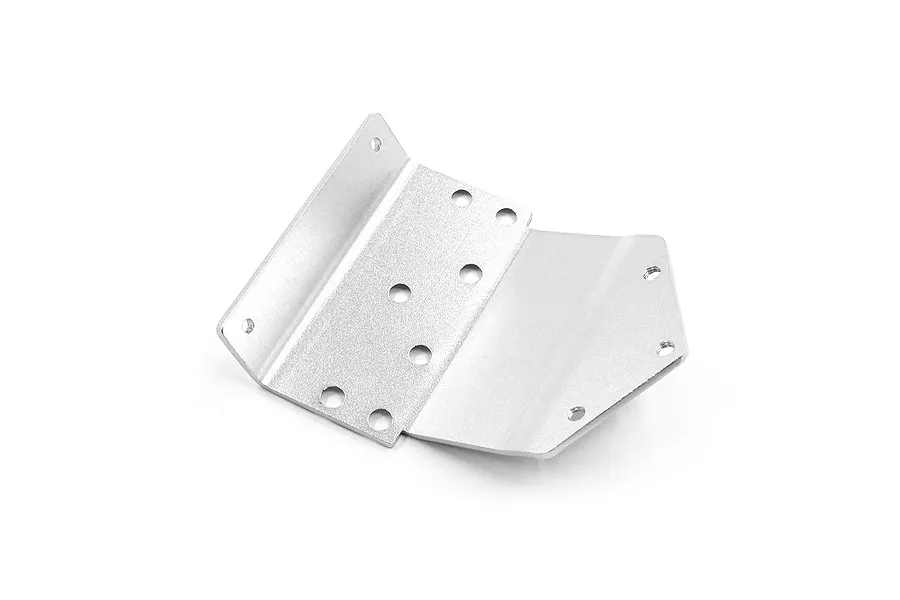 A silver aluminium front bumper skid plate for an RC car, featuring multiple mounting holes and a bent, angular design.