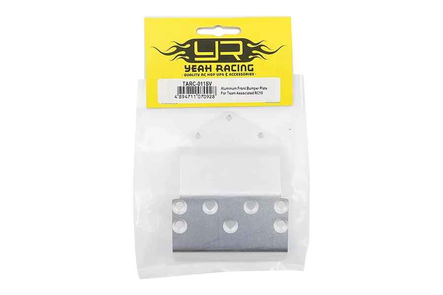 Yeah Racing silver aluminium front bumper skid plate for Team Associated RC10 in original retail packaging.