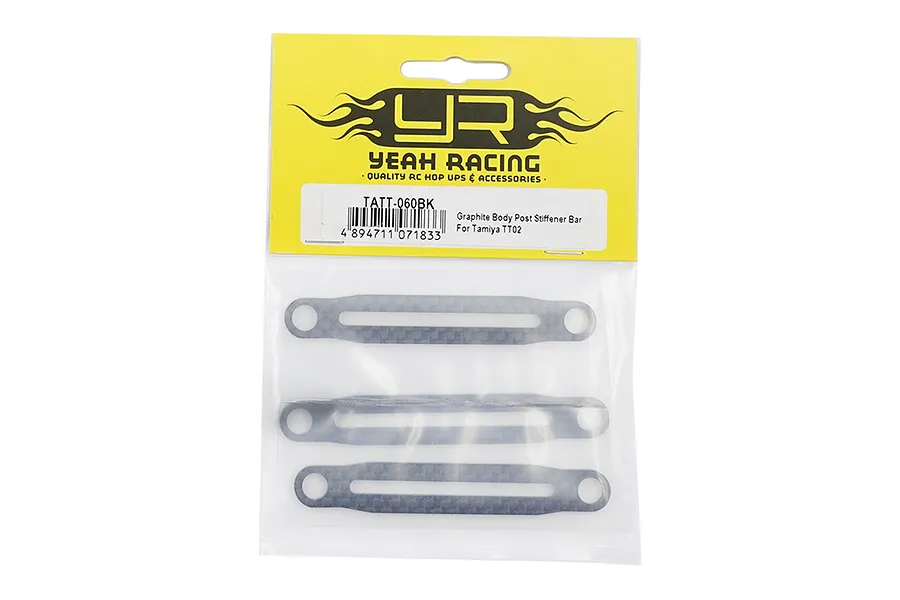 Three Yeah Racing graphite body post stiffener bars for Tamiya TT02 in original retail packaging.