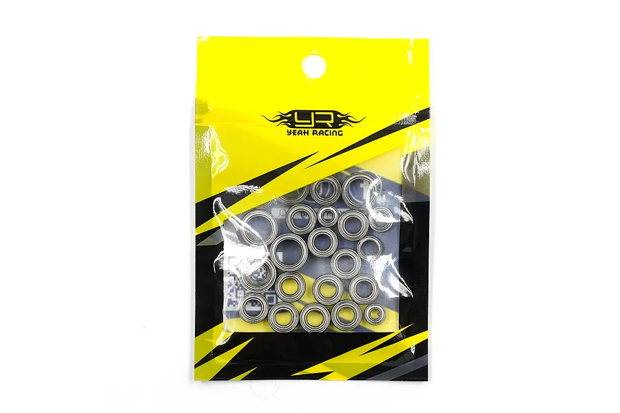 A sealed plastic bag containing a set of various sized metal shielded ball bearings from Yeah Racing.