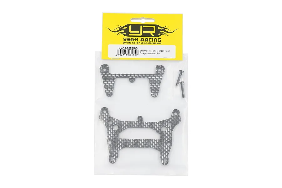 Yeah Racing graphite front and rear shock towers for Kyosho Optima Pro in original retail packaging.