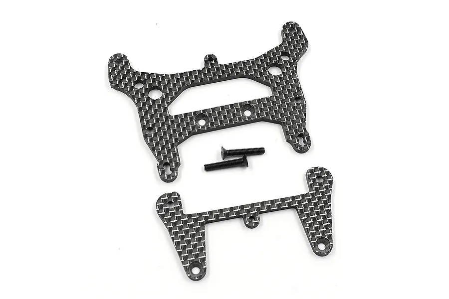 Two graphite RC shock towers with a woven carbon fiber pattern and two black countersunk screws on a white background.