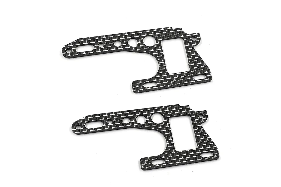 Two identical black carbon fiber RC chassis brace plates with cutouts and mounting holes on a white background.