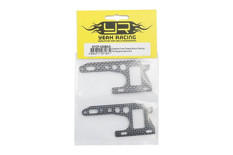 Yeah Racing Graphite Front Chassis Brace Plate Set for Kyosho Optima Pro in original retail packaging.
