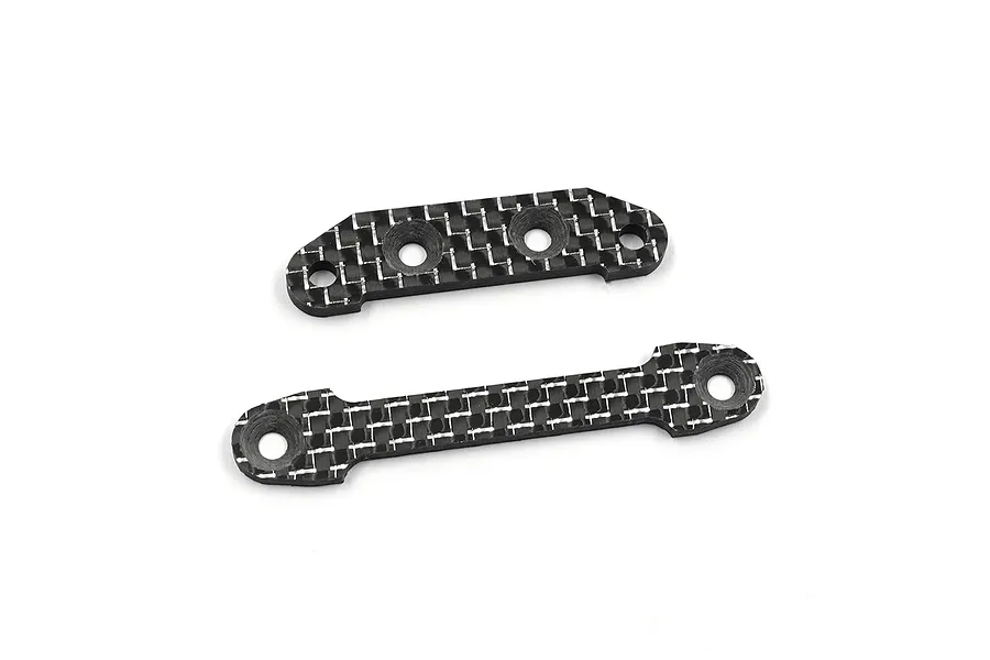 Two flat carbon fiber RC chassis brace plates with pre-drilled mounting holes on a white background.