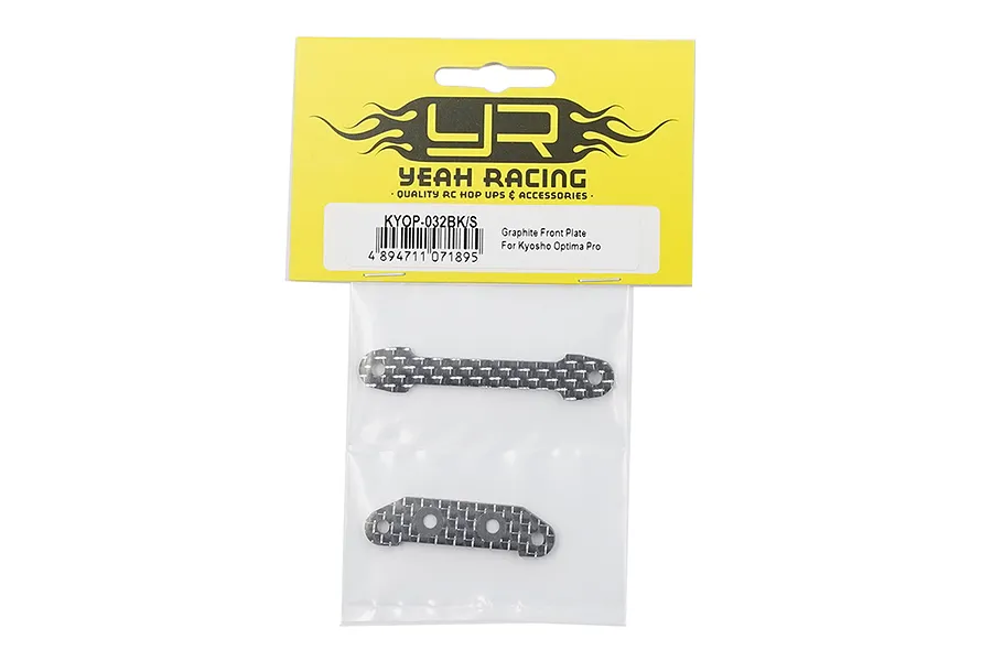 Yeah Racing Graphite Front Brace Plate for Kyosho Optima Pro in original yellow and white retail packaging.