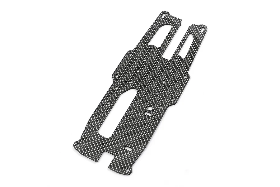 A flat, black carbon fiber upper deck plate for an RC car chassis with a distinct weave pattern and multiple mounting holes.