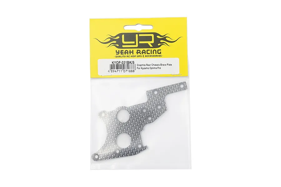 Yeah Racing Graphite Rear Chassis Brace Plate for Kyosho Optima Pro in original retail packaging.