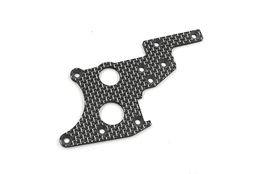 A flat, black carbon fiber rear chassis brace plate for an RC car with a distinct woven pattern and multiple mounting holes.