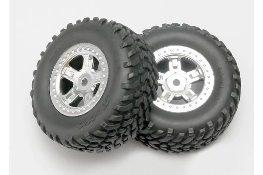Traxxas 1.5/1.9&amp;quot; 1/16 Slash Off Road Tyres on Satin Chrome Rims - Glued Wheels 2Pcs image 10906