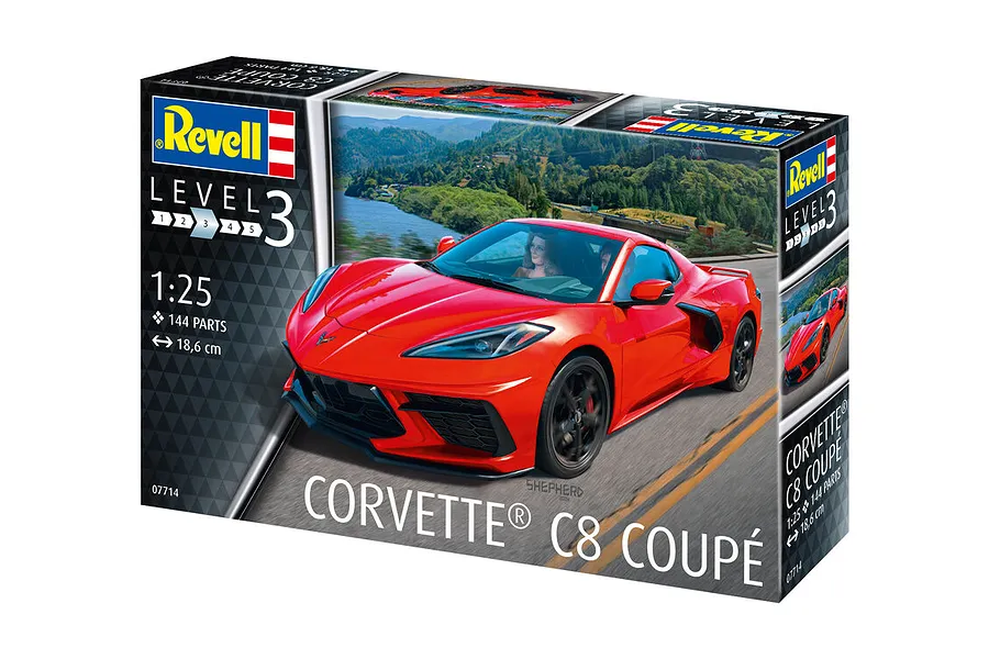 Revell 1/25 scale Corvette C8 Coupe plastic model kit box featuring a red sports car on a scenic road.