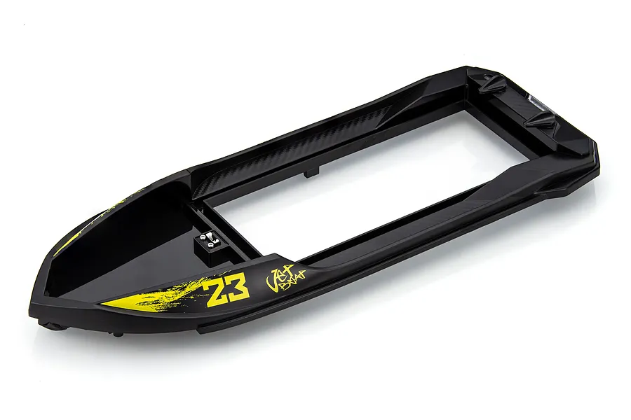 A black UDI RC boat cabin cover with yellow accents and the number 23 printed on the side, isolated on a white background.